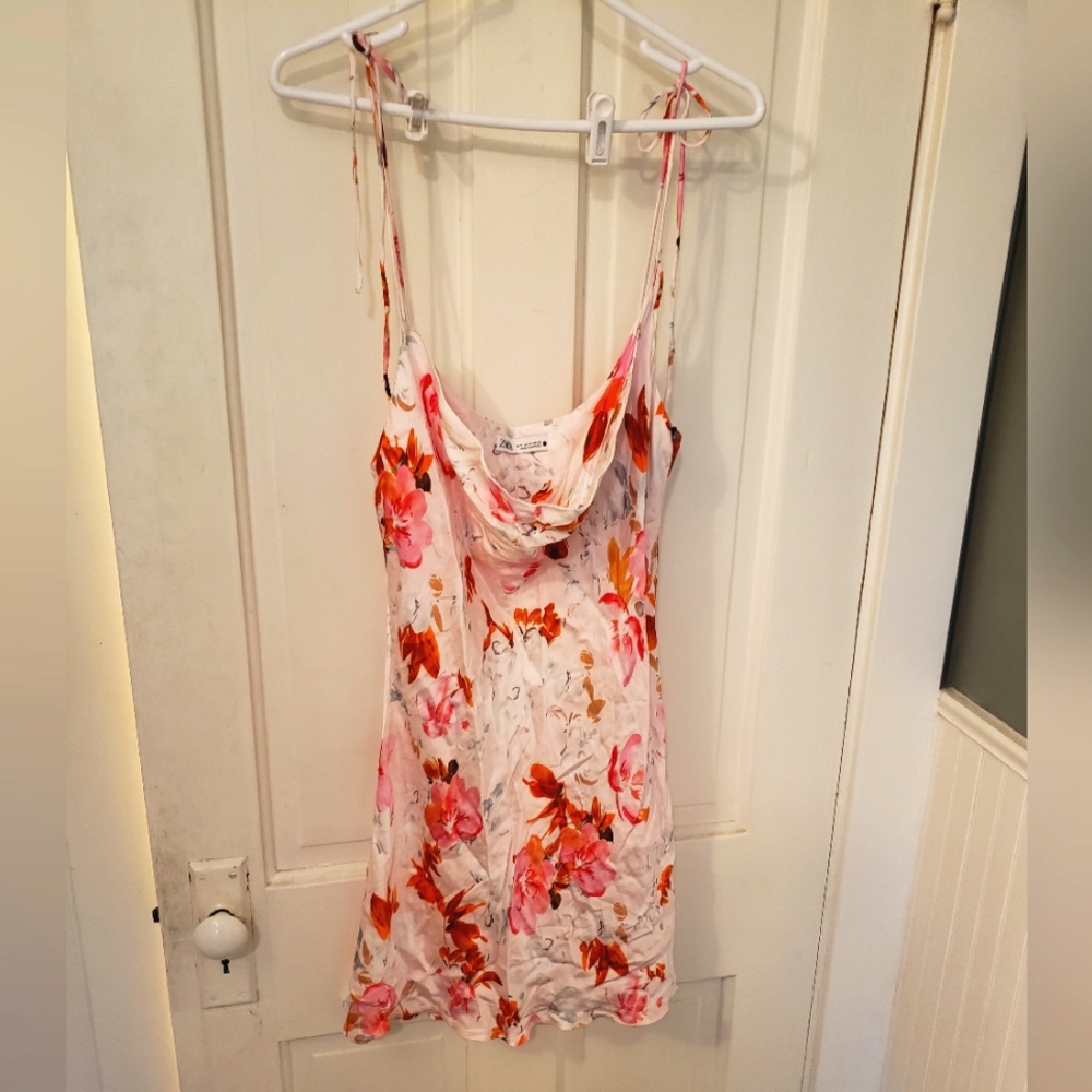 Zara White Floral Mini Dress with Pink and Orange Print